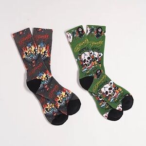 Ed Hardy Mens 2 Pairs Cushioned Crew Socks Green Gray Skull & Dice Men's sz 6-12